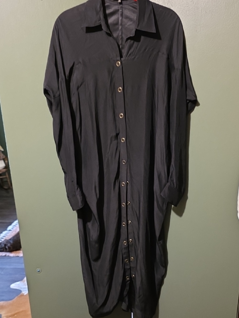 Black Long Sleeve Button-Front Maxi Dress - 100% Silk